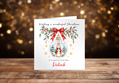 Personalised Christmas card for Boys – Red Bunny in a Christmas Bauble