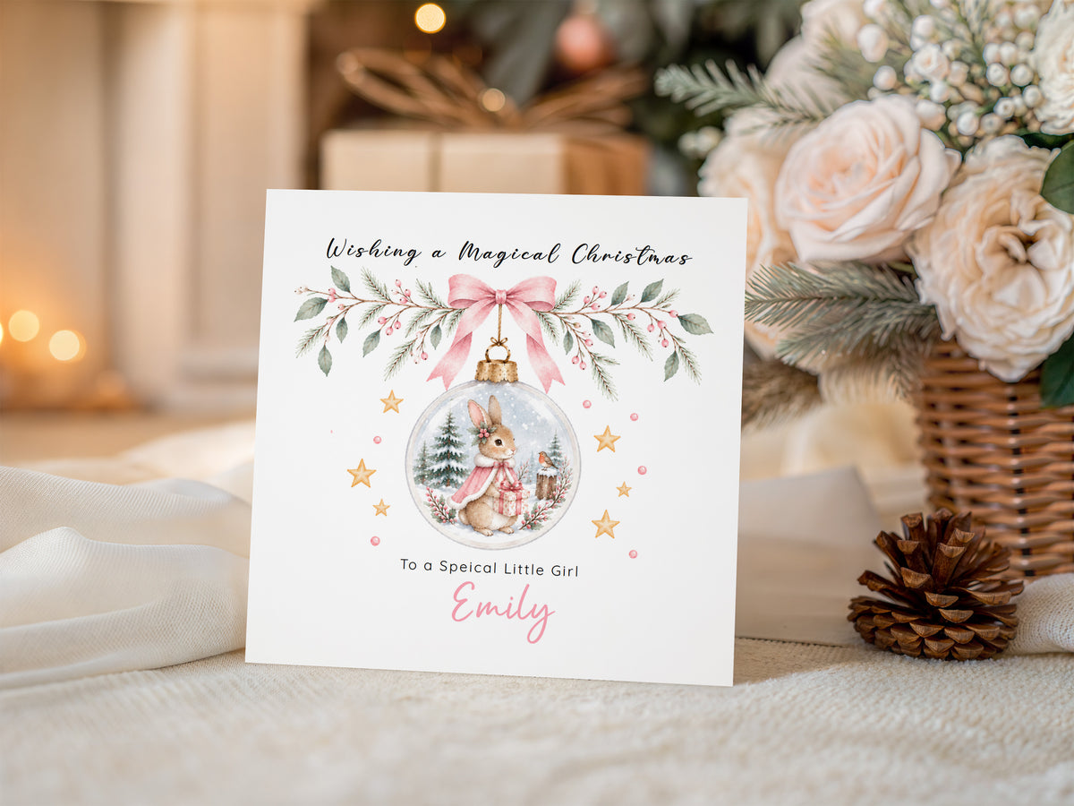 Personalised Christmas Card for Girls – Bunny in a Christmas Bauble