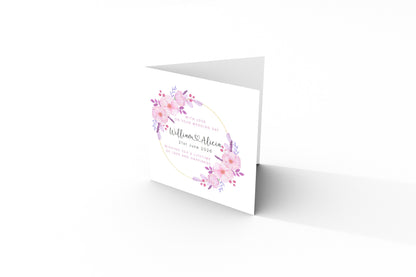 Personalised Floral Wedding Card with Custom Couple's Names & Wedding Date –  Romantic Flower Wreath Design - Wedding Congratulations Card for Newlywed couple, Him or Her - Purple Envelope Included