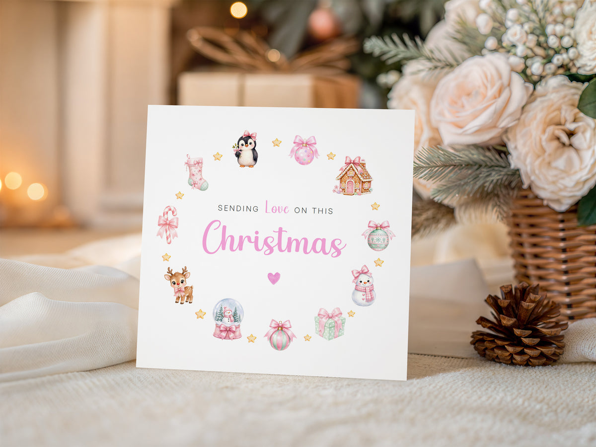 Pastel Pink Christmas Card for Girls – Cute Animals & Festive Xmas Design