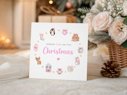 Pastel Pink Christmas Card for Girls – Cute Animals & Festive Xmas Design