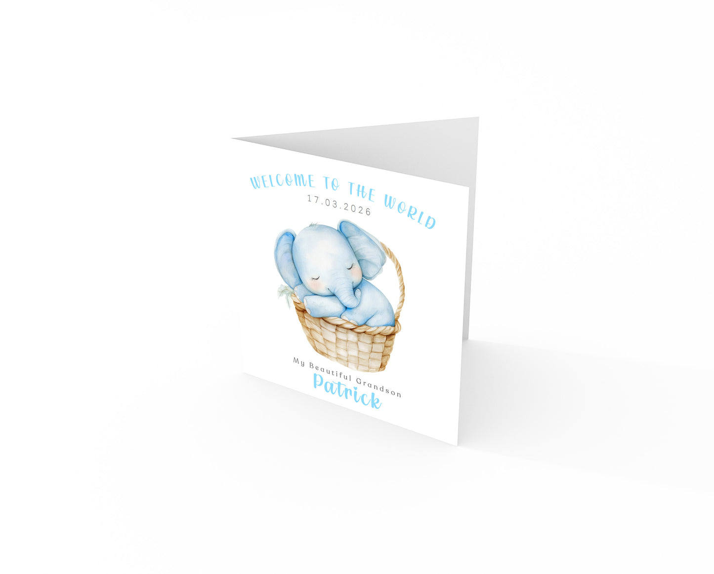 Personalised New Baby Boy Card Congratulations for Newborn Son, Grandson, Nephew, Welcome To The World Card - Elephant Design with Custom Date, Name and Message - Blue Envelope Included