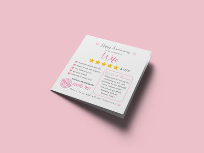 Funny Anniversary Card for Her - 5 Star Review Anniversary Card for Wife, Wedding, Dating, Relationship Milestones 1st, 2nd, 3rd, 5th, 10th, 20th 30th - Pink Envelope Included