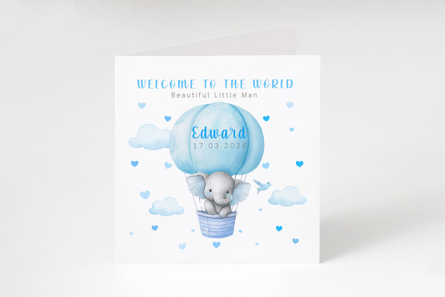 Personalised New Baby Boy Card Congratulations for Newborn Son, Grandson, Nephew, Welcome To The World Card - Elephant in a Hot Air Balloon Design with Custom Name and Date - Blue Envelope Included
