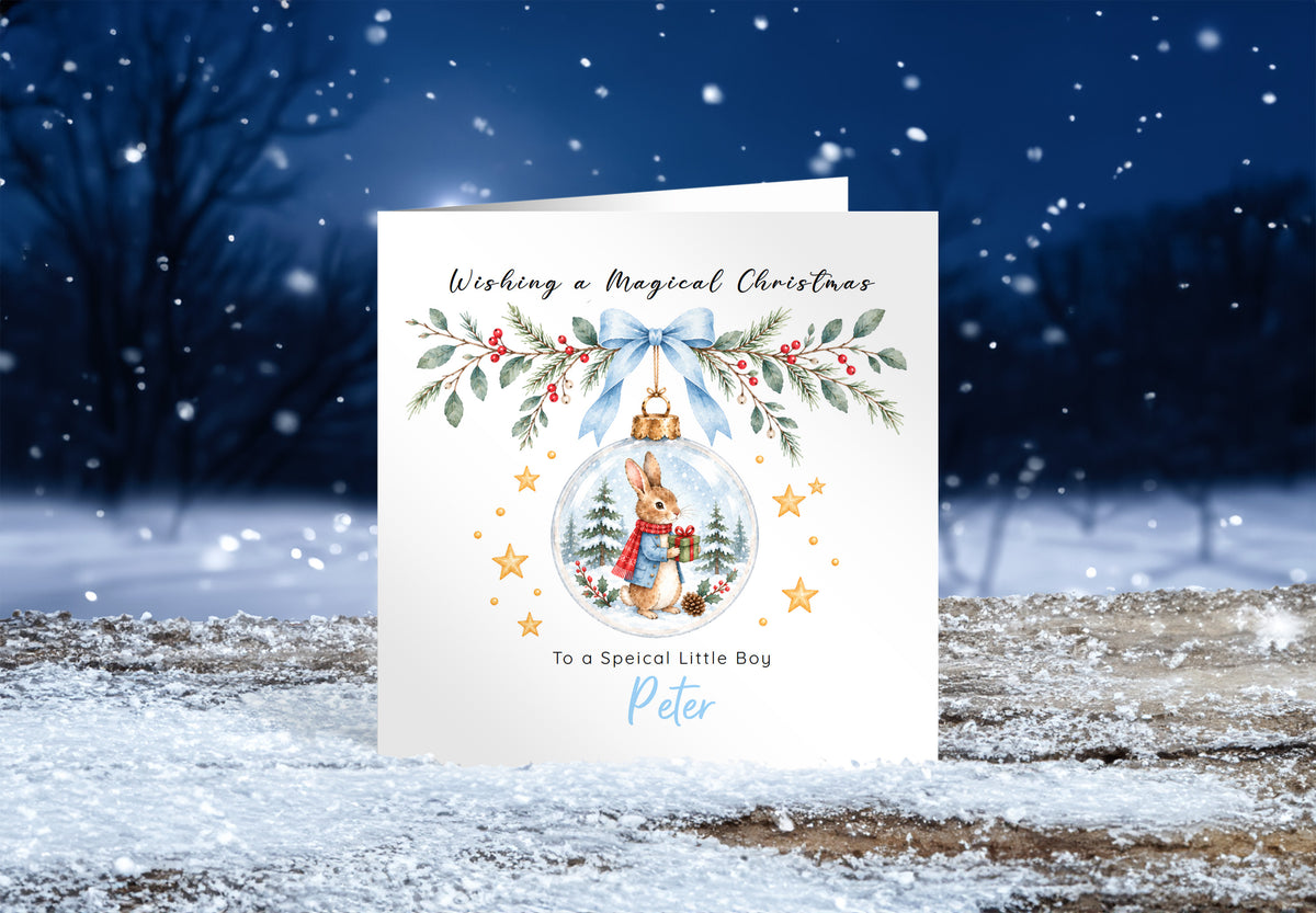 Personalised Christmas Card for Boys – Bunny in a Christmas Bauble
