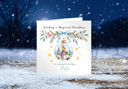 Personalised Christmas Card for Boys – Bunny in a Christmas Bauble