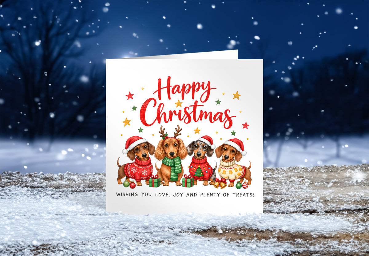 Dachshund Christmas Card for Dog Lovers – Cute Festive Sausage Dogs, Santa & Christmas Design