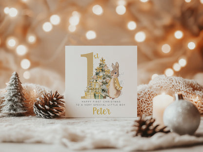 Personalised 1st Christmas Card for Baby Boy or Baby Girl – Golden Rabbit and Christmas Trees