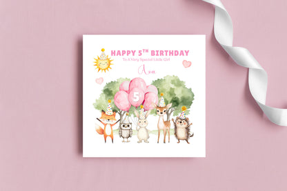 Personalised 5th Birthday Card for Girls – Woodland Animals Design with Custom Name and Message – Age 5 Years Old Birthday Card for Girls, Kids, Daughter, Granddaughter, Niece – Pink Envelope Included