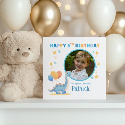 Personalised Photo 5th Birthday Card for Boys – Diplodocus Dinosaur Design with Custom Photo, Name & Message for Age 5 Years Old, Fifth Birthday Kids, Son, Grandson, Nephew –  Blue Envelope Included