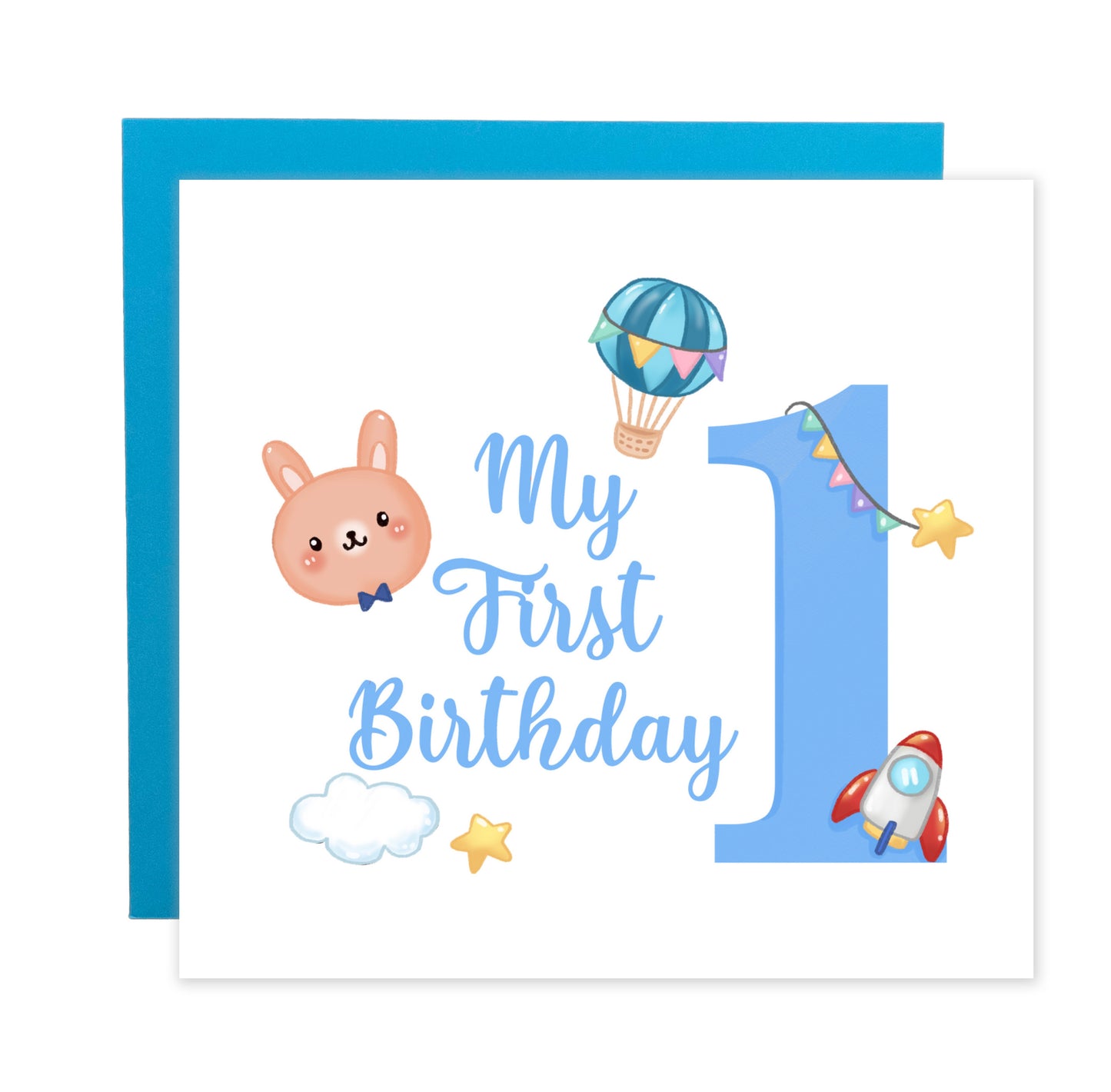 1st Birthday Card for Baby Boy – Blue Bunny Design with Rocket, Hot Air Balloon & Stars – Handmade Watercolour First Birthday Card for Boy, Son, Grandson, Nephew – Blue Envelope Included