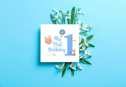 1st Birthday Card for Baby Boy – Blue Bunny Design with Rocket, Hot Air Balloon & Stars – Handmade Watercolour First Birthday Card for Boy, Son, Grandson, Nephew – Blue Envelope Included