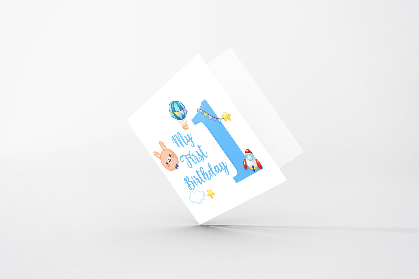1st Birthday Card for Baby Boy – Blue Bunny Design with Rocket, Hot Air Balloon & Stars – Handmade Watercolour First Birthday Card for Boy, Son, Grandson, Nephew – Blue Envelope Included
