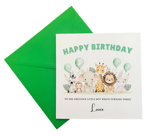 Safari Animals-Personalised Birthday Folded Card for Boys, Custom Name, Age and Message, Watercolour Effect Happy Birthday Card, Any Age Birthday, 1st 2nd 3rd 4th 5th 6th 7th 8th 9th 10th, Customisable Birthday Card for Children