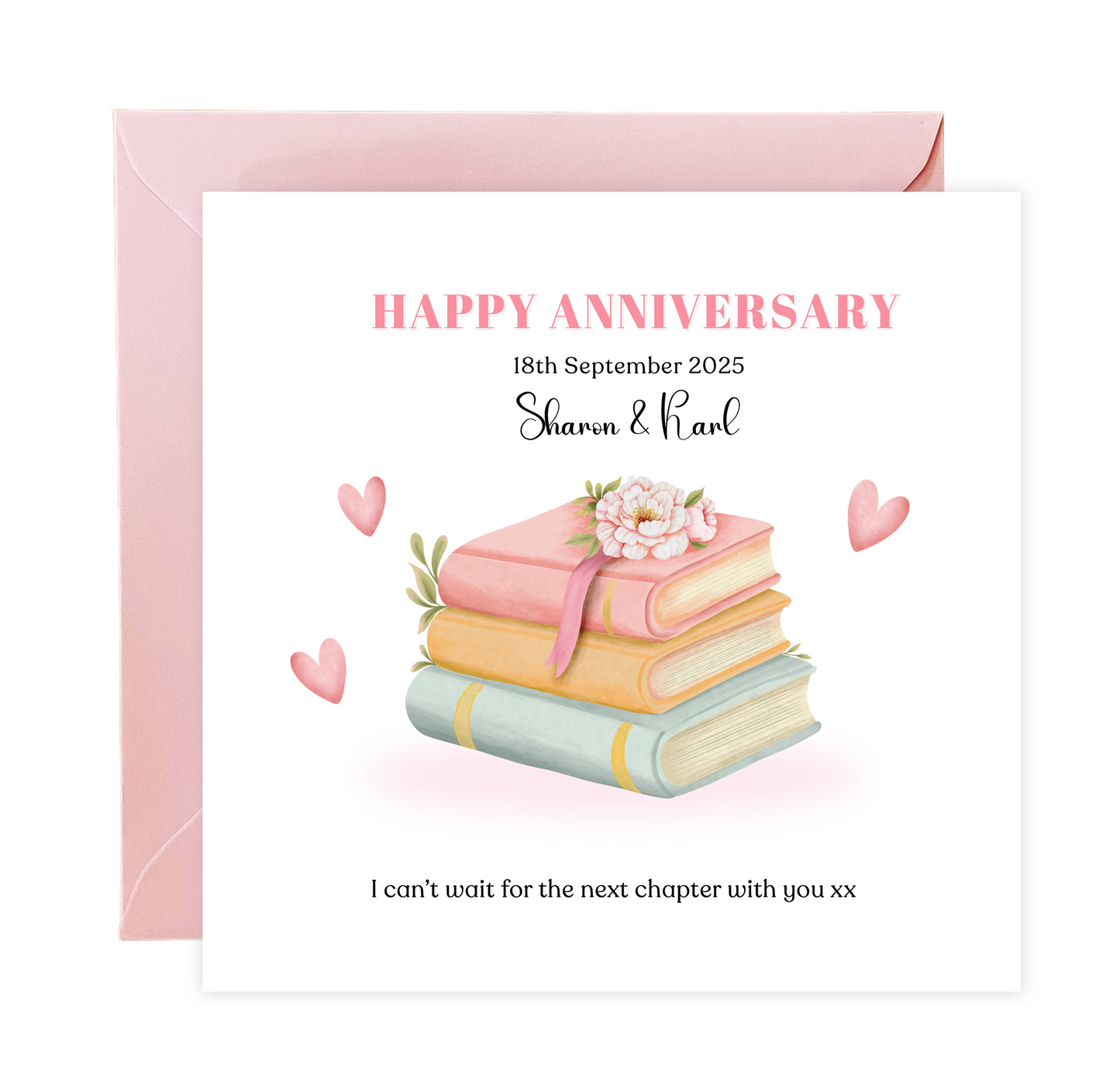 Personalized Wedding Anniversary Card – Books & Flowers Design with Customised Names, Date and Message – for Couples, Husband, Wife, Relationship, Engagement, 1st Date – Pink Envelope Included
