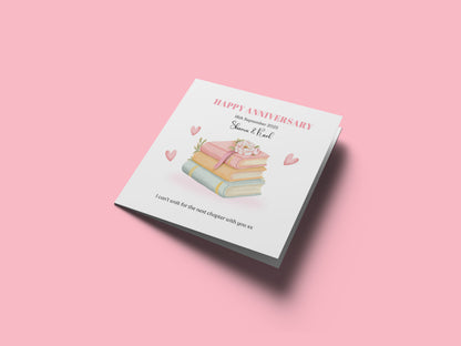 Personalized Wedding Anniversary Card – Books & Flowers Design with Customised Names, Date and Message – for Couples, Husband, Wife, Relationship, Engagement, 1st Date – Pink Envelope Included