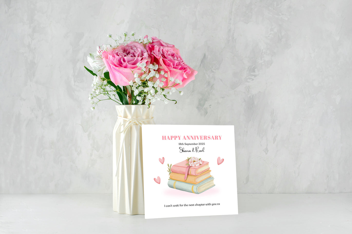 Personalized Wedding Anniversary Card – Books & Flowers Design with Customised Names, Date and Message – for Couples, Husband, Wife, Relationship, Engagement, 1st Date – Pink Envelope Included