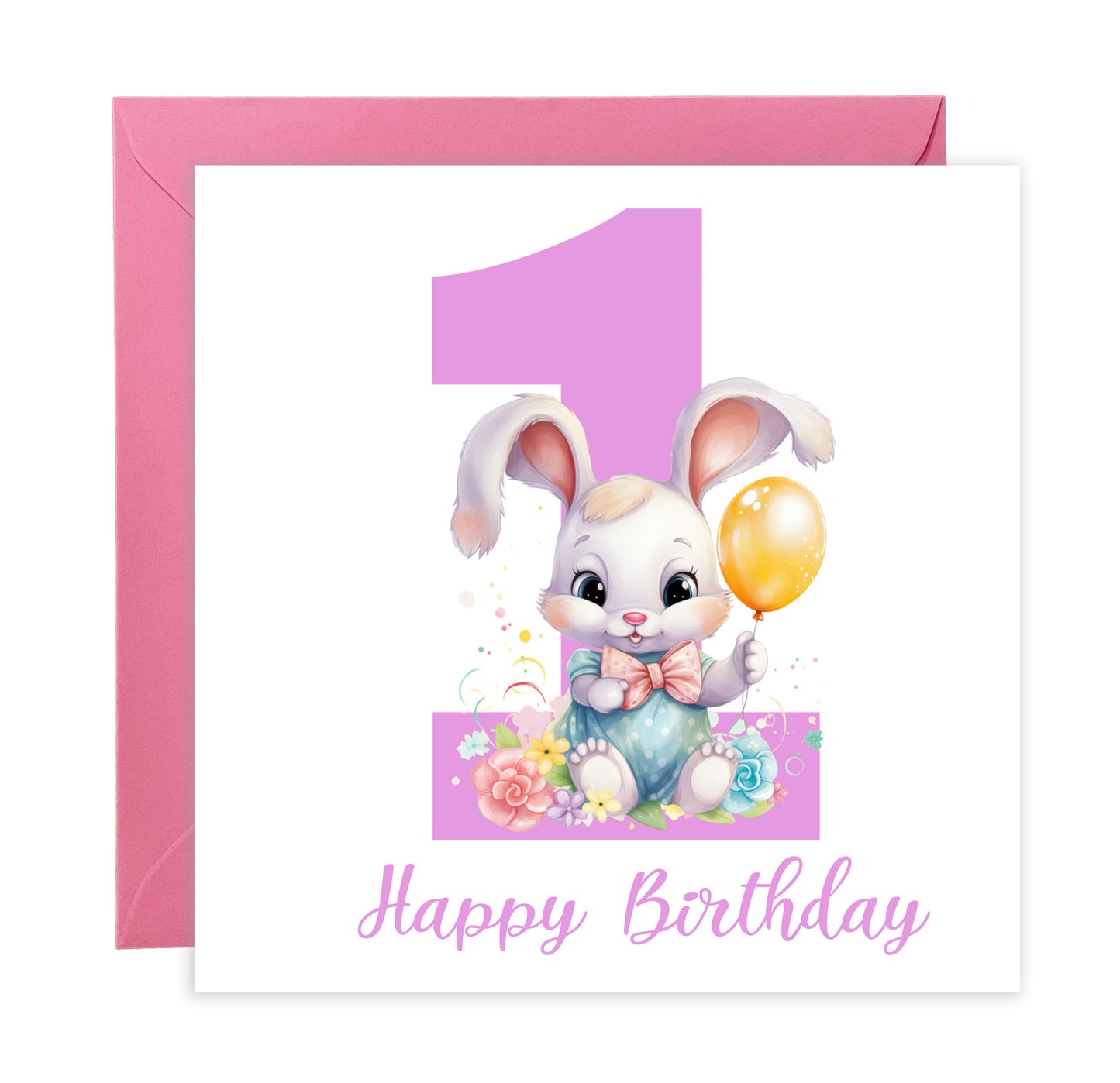 1st Birthday Card for Baby Girl – Cute Rabbit Design – Watercolour Bunny One Year Old First Birthday Card for Girl, Little One, Daughter, Granddaughter, Niece – Pink Envelope Included