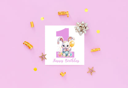 1st Birthday Card for Baby Girl – Cute Rabbit Design – Watercolour Bunny One Year Old First Birthday Card for Girl, Little One, Daughter, Granddaughter, Niece – Pink Envelope Included