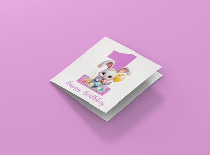 1st Birthday Card for Baby Girl – Cute Rabbit Design – Watercolour Bunny One Year Old First Birthday Card for Girl, Little One, Daughter, Granddaughter, Niece – Pink Envelope Included