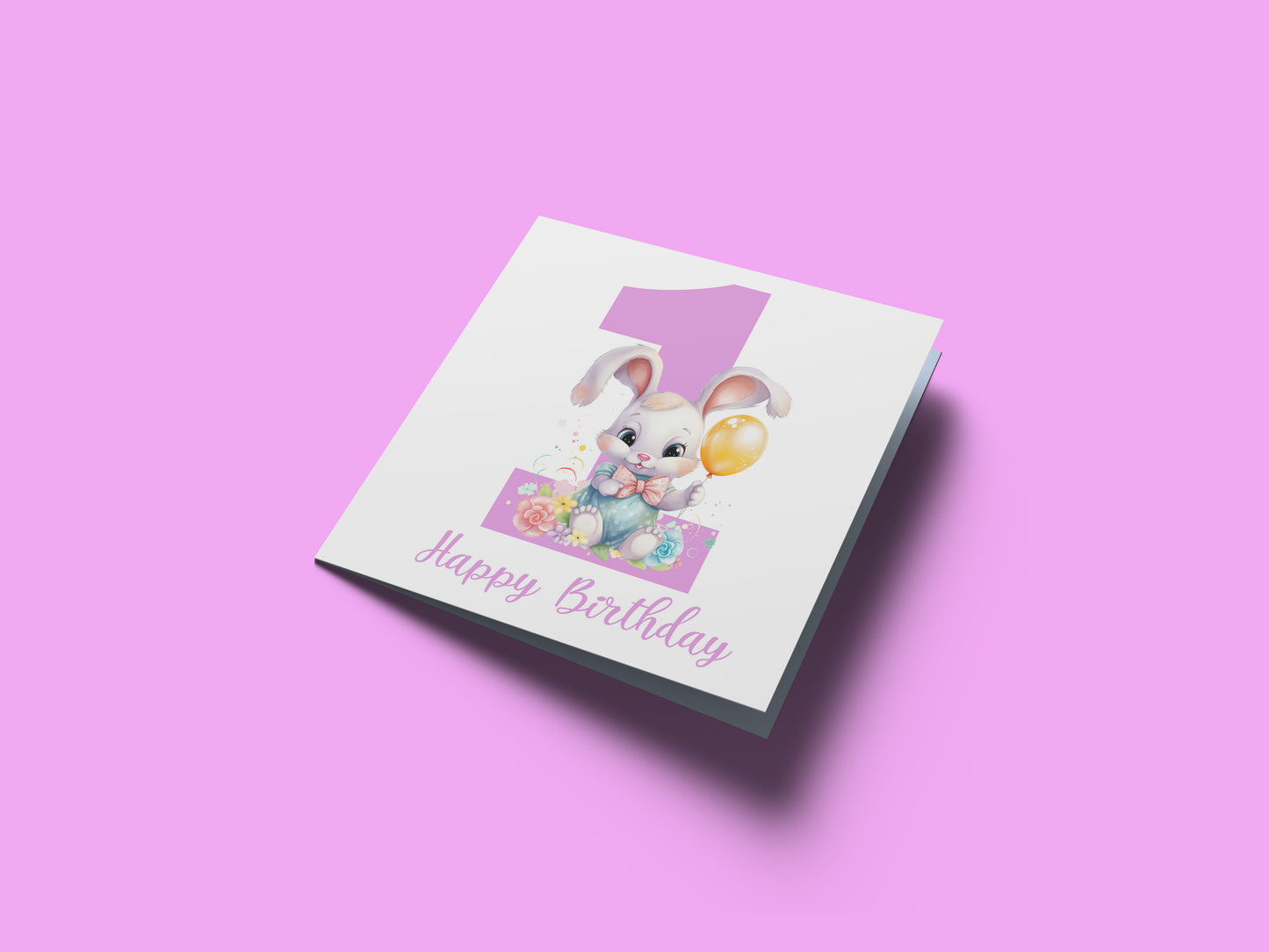 1st Birthday Card for Baby Girl – Cute Rabbit Design – Watercolour Bunny One Year Old First Birthday Card for Girl, Little One, Daughter, Granddaughter, Niece – Pink Envelope Included