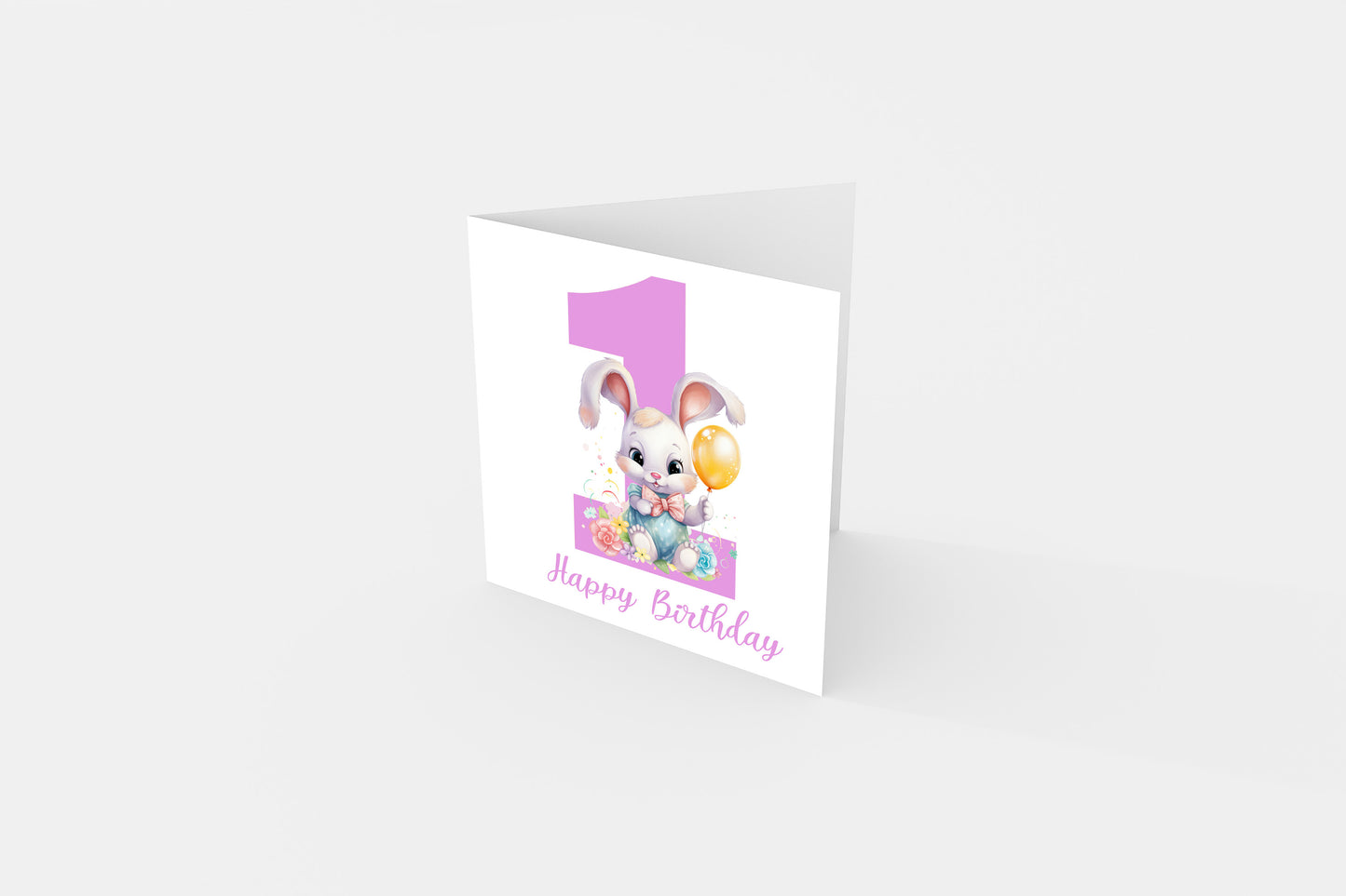 1st Birthday Card for Baby Girl – Cute Rabbit Design – Watercolour Bunny One Year Old First Birthday Card for Girl, Little One, Daughter, Granddaughter, Niece – Pink Envelope Included