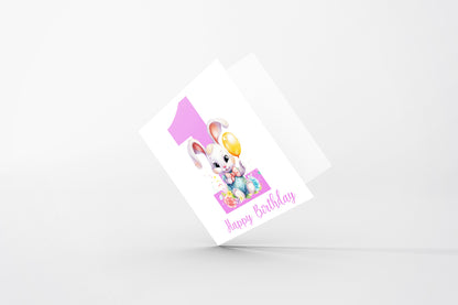 1st Birthday Card for Baby Girl – Cute Rabbit Design – Watercolour Bunny One Year Old First Birthday Card for Girl, Little One, Daughter, Granddaughter, Niece – Pink Envelope Included