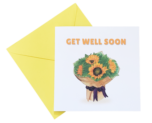 Get Well Soon Card - Beautiful Sunflower Bouquet Greeting Card - Beautiful Floral Design - Recovery, Thinking of You, Sympathy Card with Pink Envelope for Her, Mom, Friend and Loved Ones