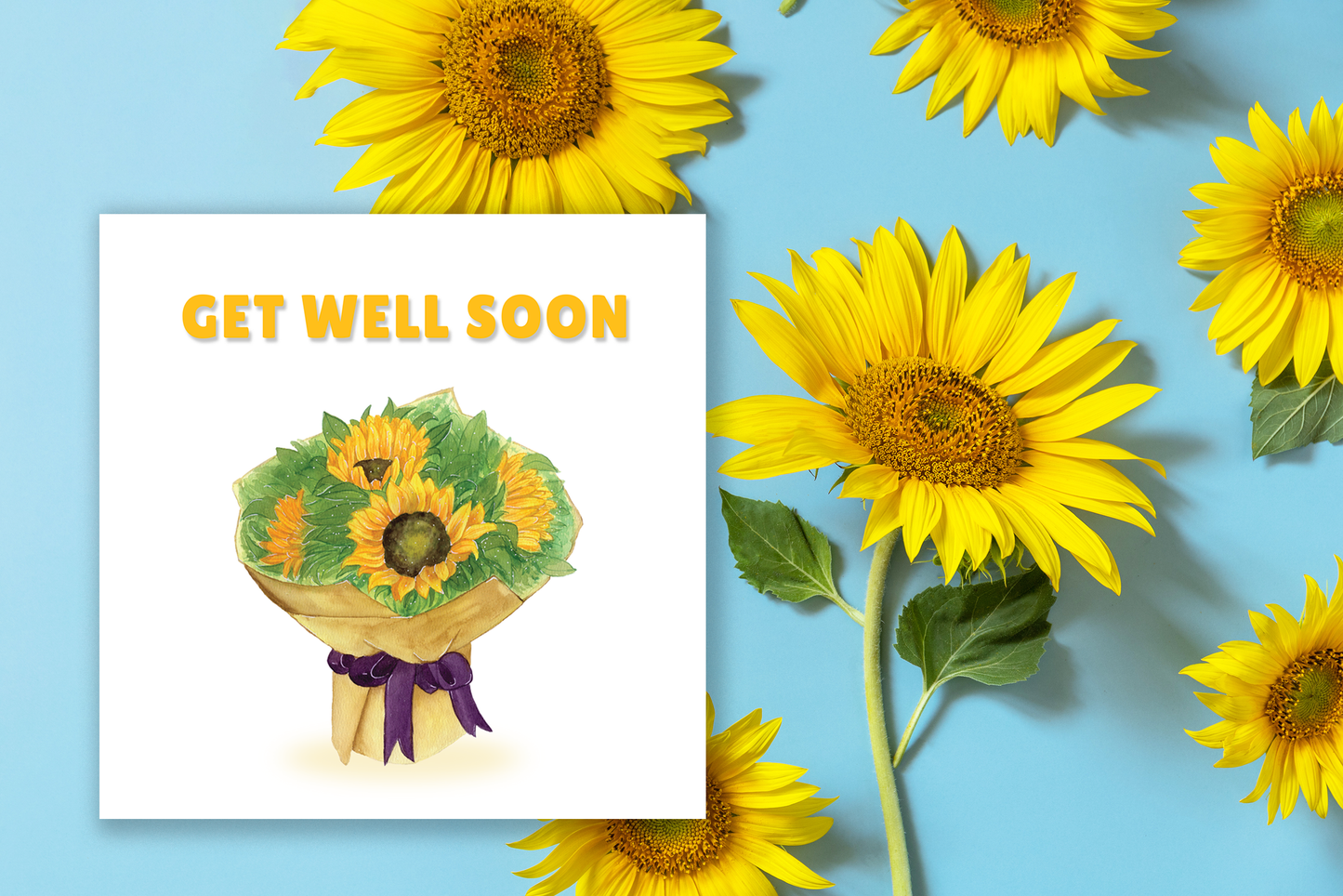 Get Well Soon Card - Beautiful Sunflower Bouquet Greeting Card - Beautiful Floral Design - Recovery, Thinking of You, Sympathy Card with Pink Envelope for Her, Mom, Friend and Loved Ones