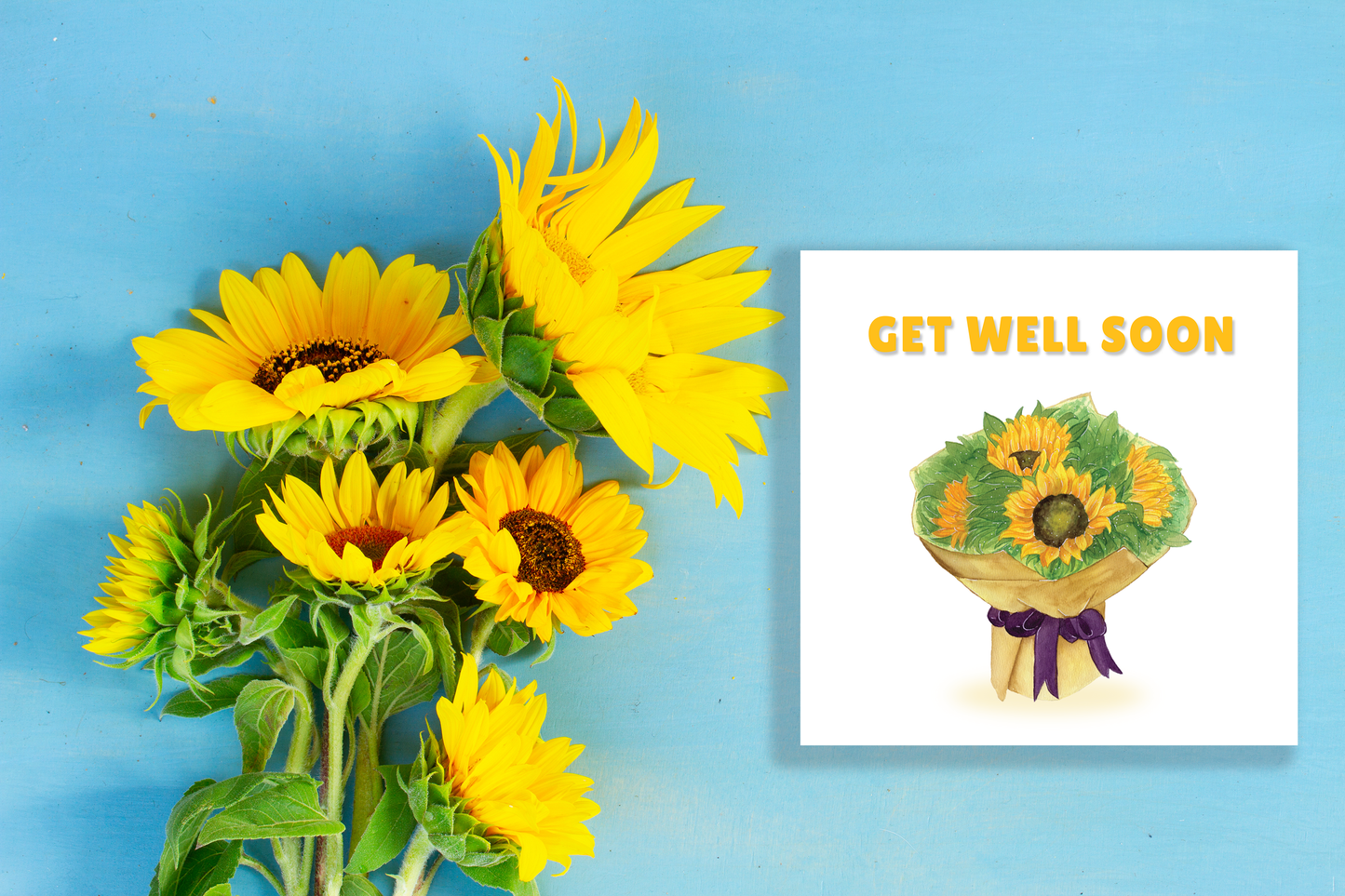 Get Well Soon Card - Beautiful Sunflower Bouquet Greeting Card - Beautiful Floral Design - Recovery, Thinking of You, Sympathy Card with Pink Envelope for Her, Mom, Friend and Loved Ones