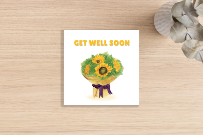 Get Well Soon Card - Beautiful Sunflower Bouquet Greeting Card - Beautiful Floral Design - Recovery, Thinking of You, Sympathy Card with Pink Envelope for Her, Mom, Friend and Loved Ones