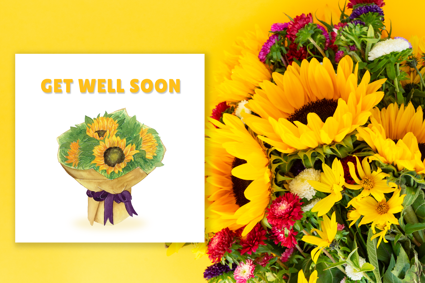 Get Well Soon Card - Beautiful Sunflower Bouquet Greeting Card - Beautiful Floral Design - Recovery, Thinking of You, Sympathy Card with Pink Envelope for Her, Mom, Friend and Loved Ones