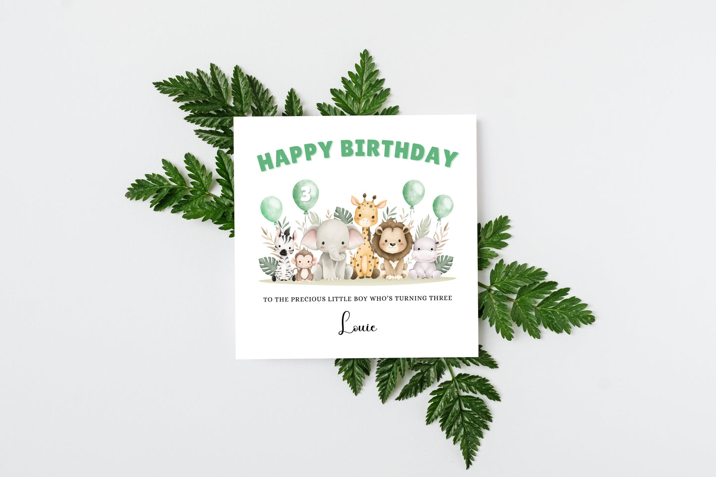 Safari Animals-Personalised Birthday Folded Card for Boys, Custom Name, Age and Message, Watercolour Effect Happy Birthday Card, Any Age Birthday, 1st 2nd 3rd 4th 5th 6th 7th 8th 9th 10th, Customisable Birthday Card for Children