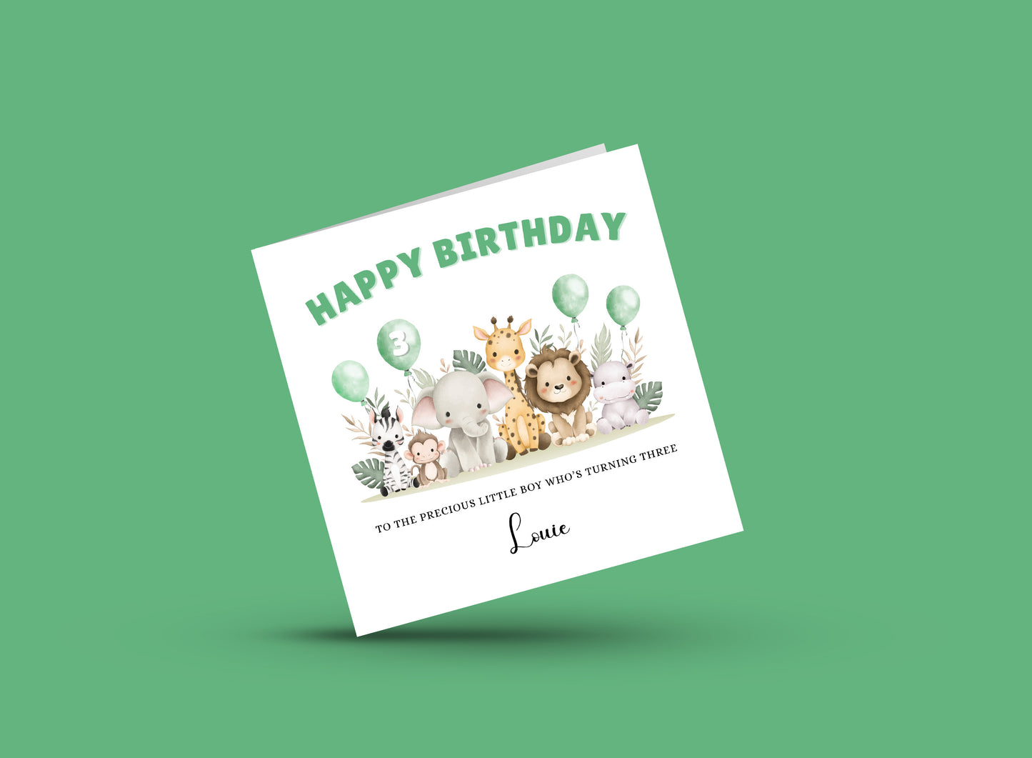 Safari Animals-Personalised Birthday Folded Card for Boys, Custom Name, Age and Message, Watercolour Effect Happy Birthday Card, Any Age Birthday, 1st 2nd 3rd 4th 5th 6th 7th 8th 9th 10th, Customisable Birthday Card for Children
