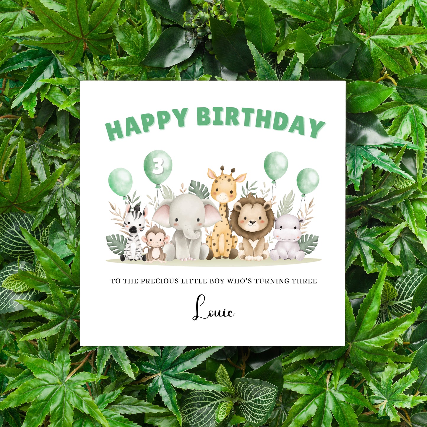 Safari Animals-Personalised Birthday Folded Card for Boys, Custom Name, Age and Message, Watercolour Effect Happy Birthday Card, Any Age Birthday, 1st 2nd 3rd 4th 5th 6th 7th 8th 9th 10th, Customisable Birthday Card for Children