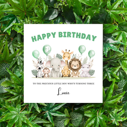 Safari Animals-Personalised Birthday Folded Card for Boys, Custom Name, Age and Message, Watercolour Effect Happy Birthday Card, Any Age Birthday, 1st 2nd 3rd 4th 5th 6th 7th 8th 9th 10th, Customisable Birthday Card for Children