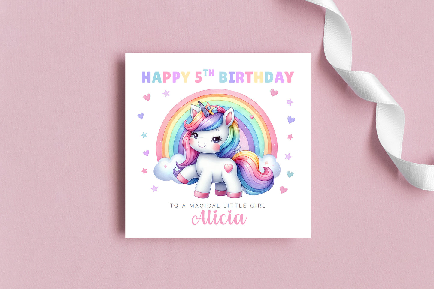 Personalised 5 Years Old 5th Birthday Card for Girls – Magical Unicorn Design with Custom Name & Message - Age 5 Birthday Card for Kids Children Daughter Granddaughter Niece - Purple Envelope Included