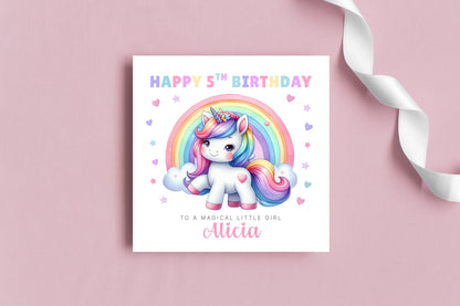 Personalised 5 Years Old 5th Birthday Card for Girls – Magical Unicorn Design with Custom Name & Message - Age 5 Birthday Card for Kids Children Daughter Granddaughter Niece - Purple Envelope Included