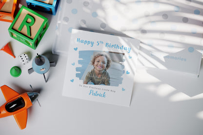 Personalised Photo 5th Birthday Card for Boys – Brush Stroke Frame with Custom Photo, Name & Message, Age 5 Years Old Fifth Birthday Card for Kids, Son, Grandson, Nephew –  Blue Envelope Included