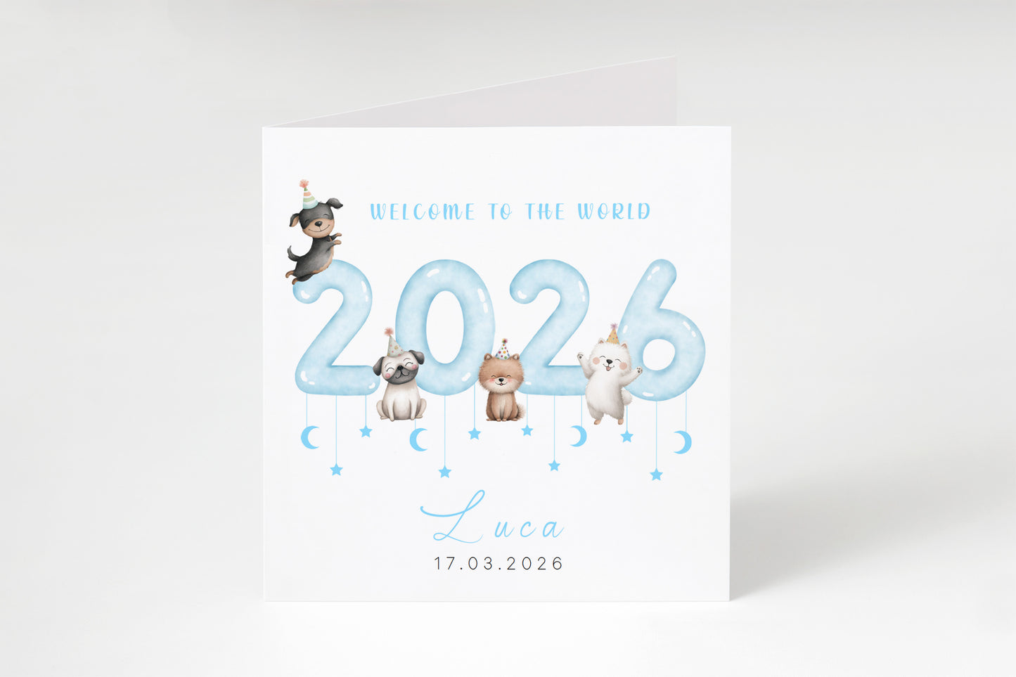 Personalised New Baby Boy Card Congratulations for Newborn Boy, Welcome To The World Card, Baby Shower for Son, Grandson, Nephew - Cute Puppy Dogs Design with Custom Name and Date with Blue Envelope