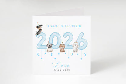 Personalised New Baby Boy Card Congratulations for Newborn Boy, Welcome To The World Card, Baby Shower for Son, Grandson, Nephew - Cute Puppy Dogs Design with Custom Name and Date with Blue Envelope