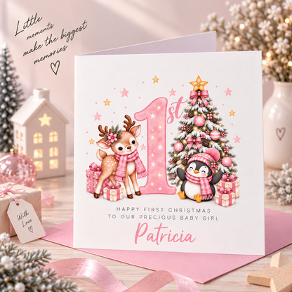 Personalised Baby Girl's 1st Christmas Card – Reindeer & Penguin Christmas Card