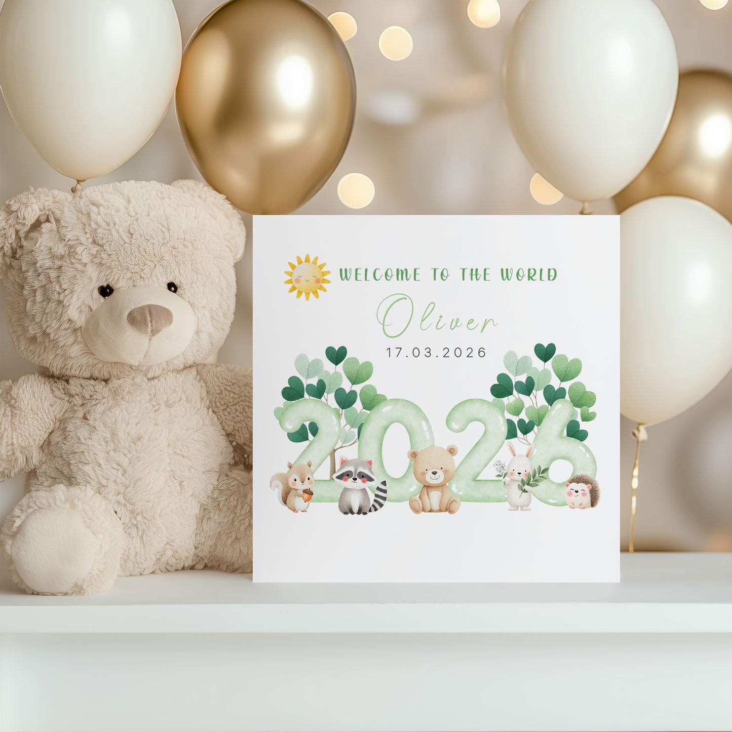 2026 Personalised New Baby Boy Card Congratulations for Newborn Son, Grandson, Nephew - Welcome To The World Card - Cute Woodland Animal Design with Custom Name and Date with Kraft Envelope