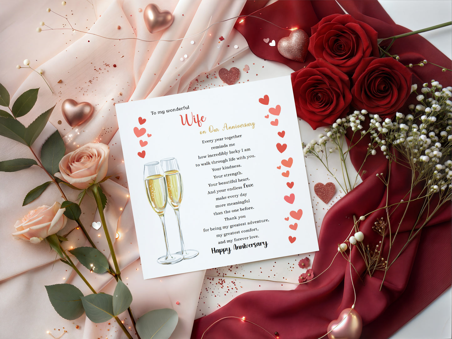 Luxury Champagne Glasses Anniversary Card for Wife - Romantic Anniversary Card for Her, Wedding, Dating, Relationship Milestones 1st, 2nd, 3rd, 5th, 10th, 20th 30th - Gold Envelope Included