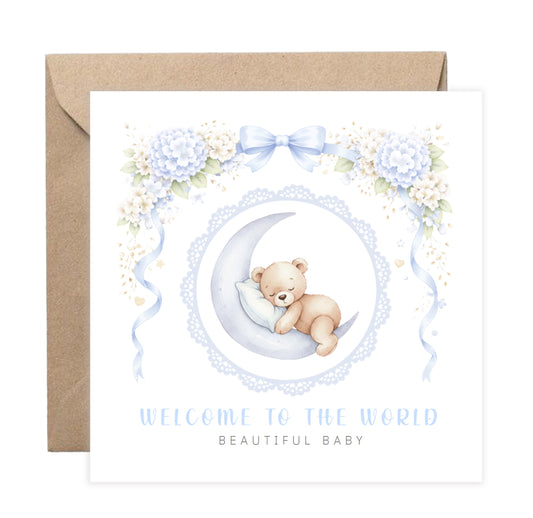 New Baby Boy Card Congratulations for Newborn Son, Grandson, Nephew, Little One, Welcome To The World, Baby Shower Card - Cute Teddy Bear on a Moon Design  - Blue Envelope Included