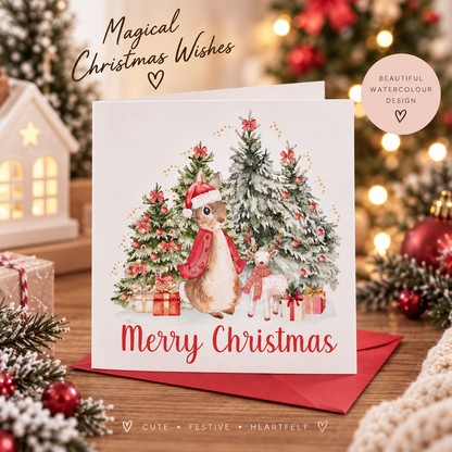 Happy Christmas Card for Girls – Red Rabbit and Christmas Trees