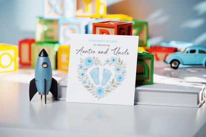 Personalised New Baby Boy Card – Congratulations On Becoming Mum & Dad, Auntie & Uncle, Grandpa & Grandma – Blue Baby Feet design - Blue Envelope Included
