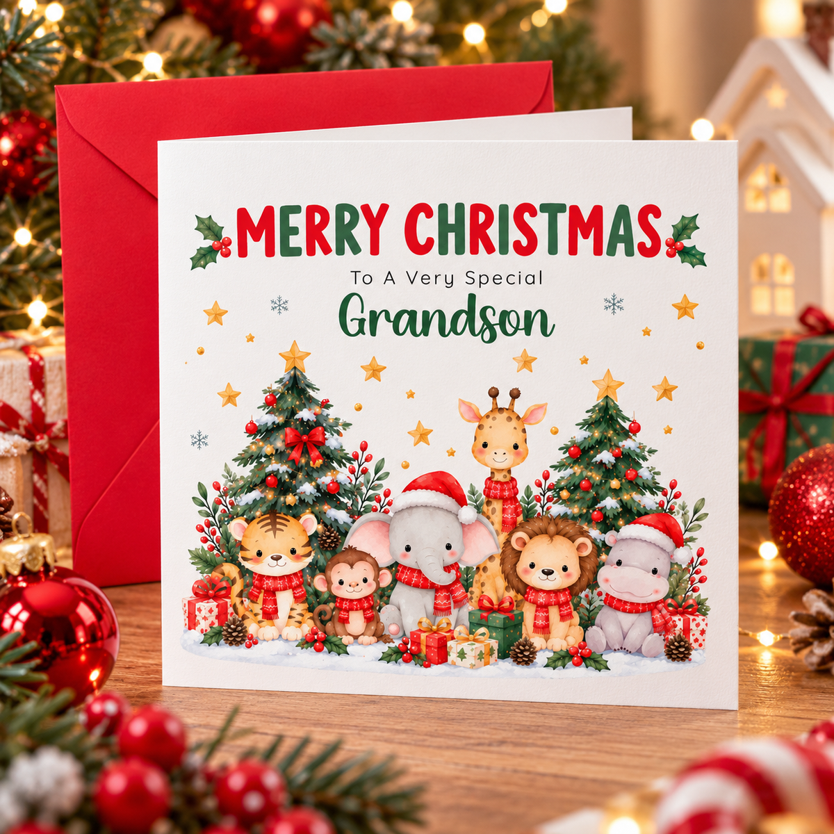 Jungle Animals Christmas Card for Grandson - Cute Safari Animals Design