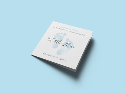 New Baby Boy Card Congratulations for Newborn Boy, Welcome To The World Card, Baby Shower for Son, Grandson, Nephew, Little One - Baby Feet Design - Blue Envelope Included