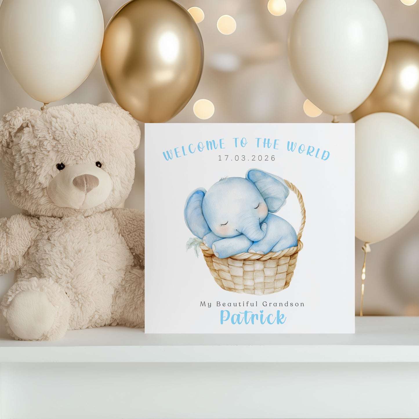 Personalised New Baby Boy Card Congratulations for Newborn Son, Grandson, Nephew, Welcome To The World Card - Elephant Design with Custom Date, Name and Message - Blue Envelope Included
